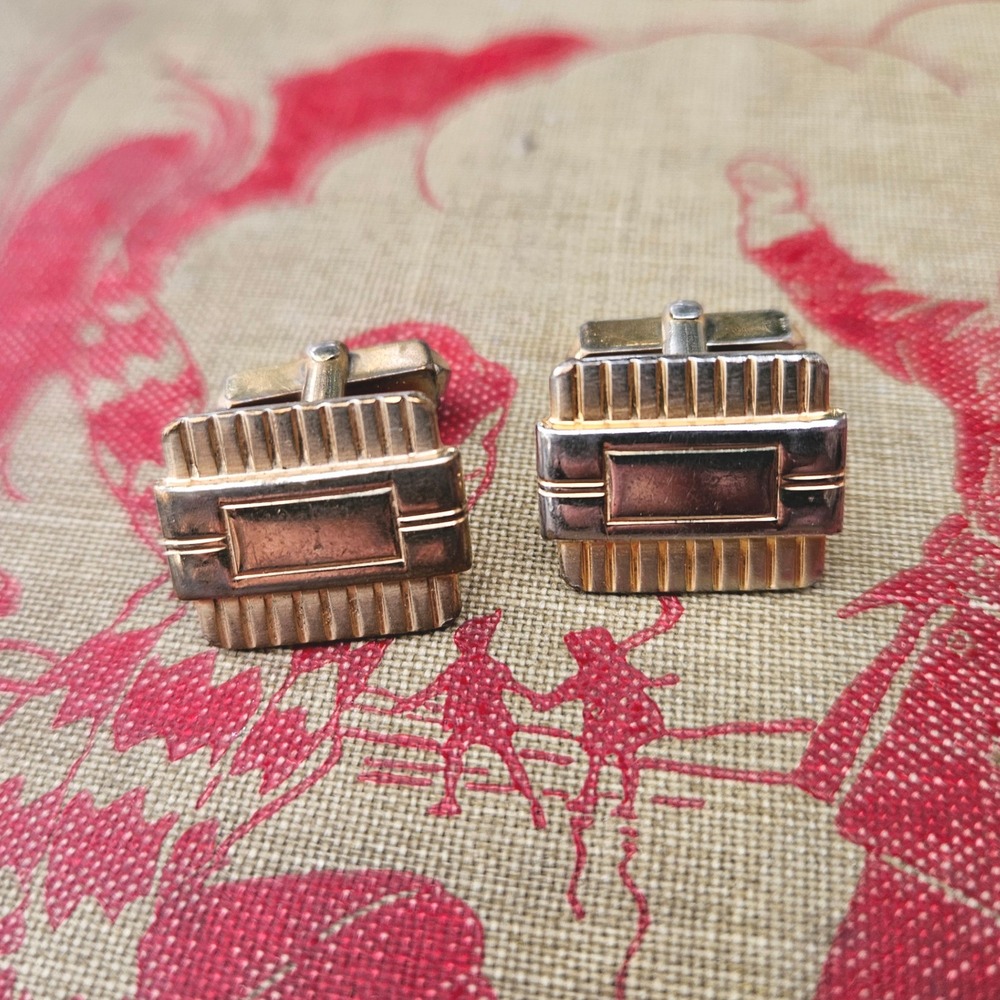 Vintage 20s 30s Gold Tone Art Deco Ribbed Rectangular Cufflinks Mens Formal